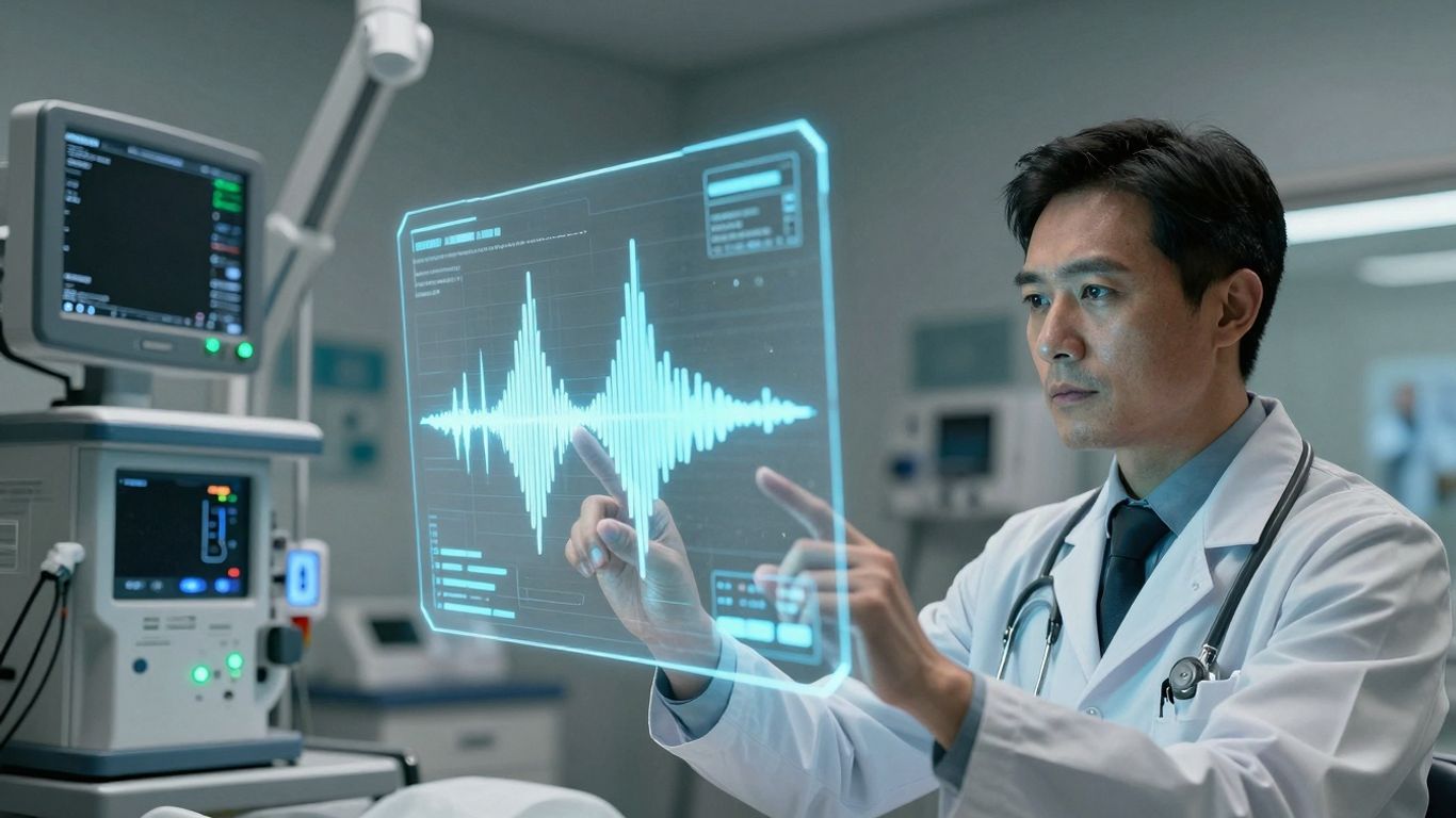 Doctor using voice AI interface in a modern healthcare setting.