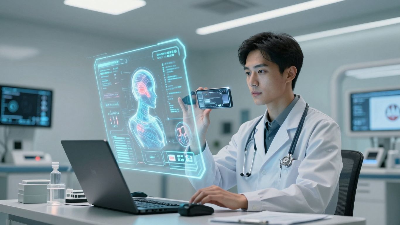 AI voice technology in futuristic healthcare setting.