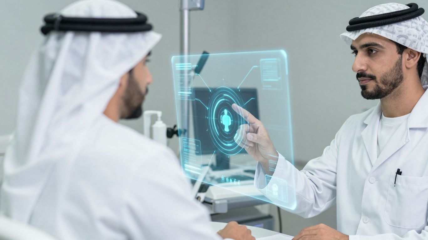 Doctor and patient using advanced AI communication tools.