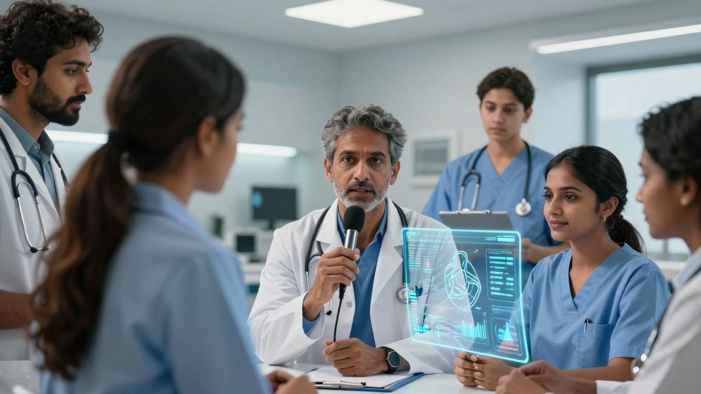 Healthcare professionals using voice AI for patient care.
