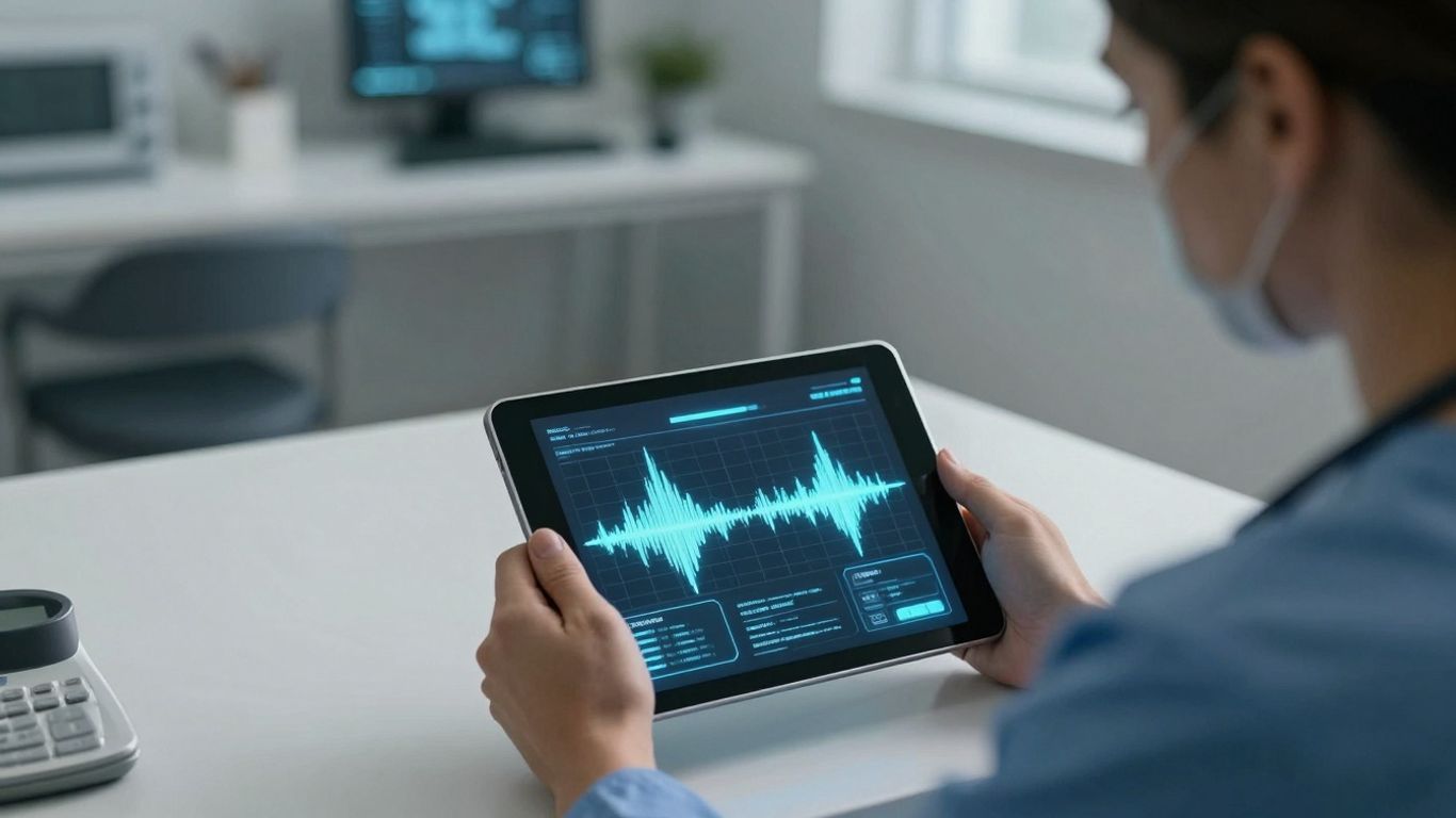 Doctor using AI voice tool for patient communication.