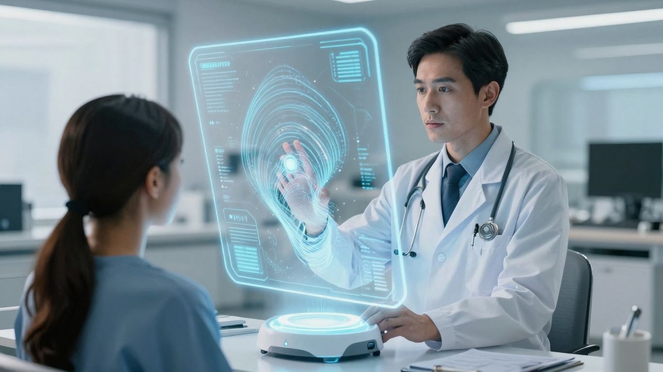 AI voice agent in healthcare interacting with doctor and patient.