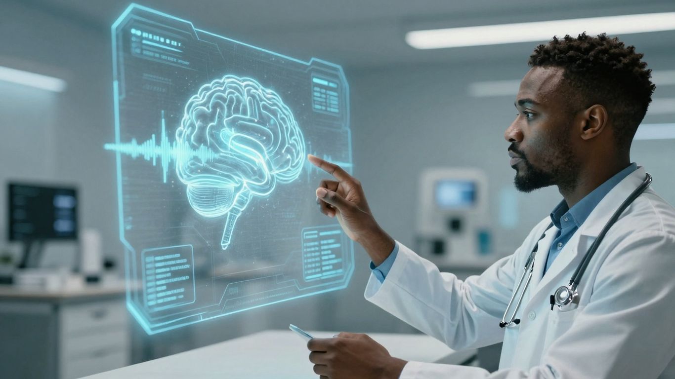 Doctor using AI voice agent interface in futuristic medical setting.