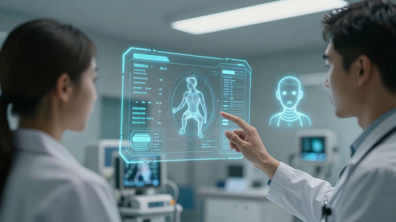Doctor using AI voice assistant in futuristic healthcare setting.