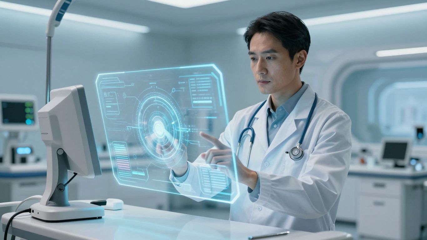 Doctor using advanced AI voice agent for patient care.