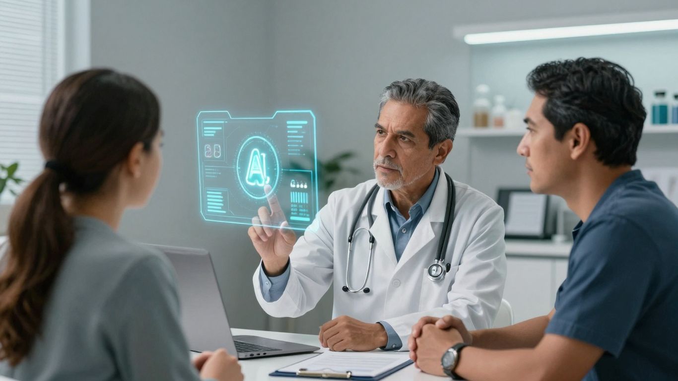 Doctor and patient interacting with AI healthcare technology.
