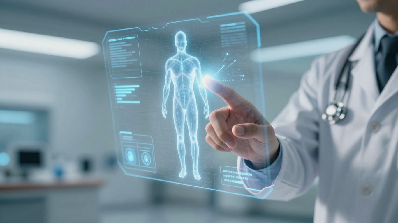 Doctor interacting with futuristic AI medical interface.