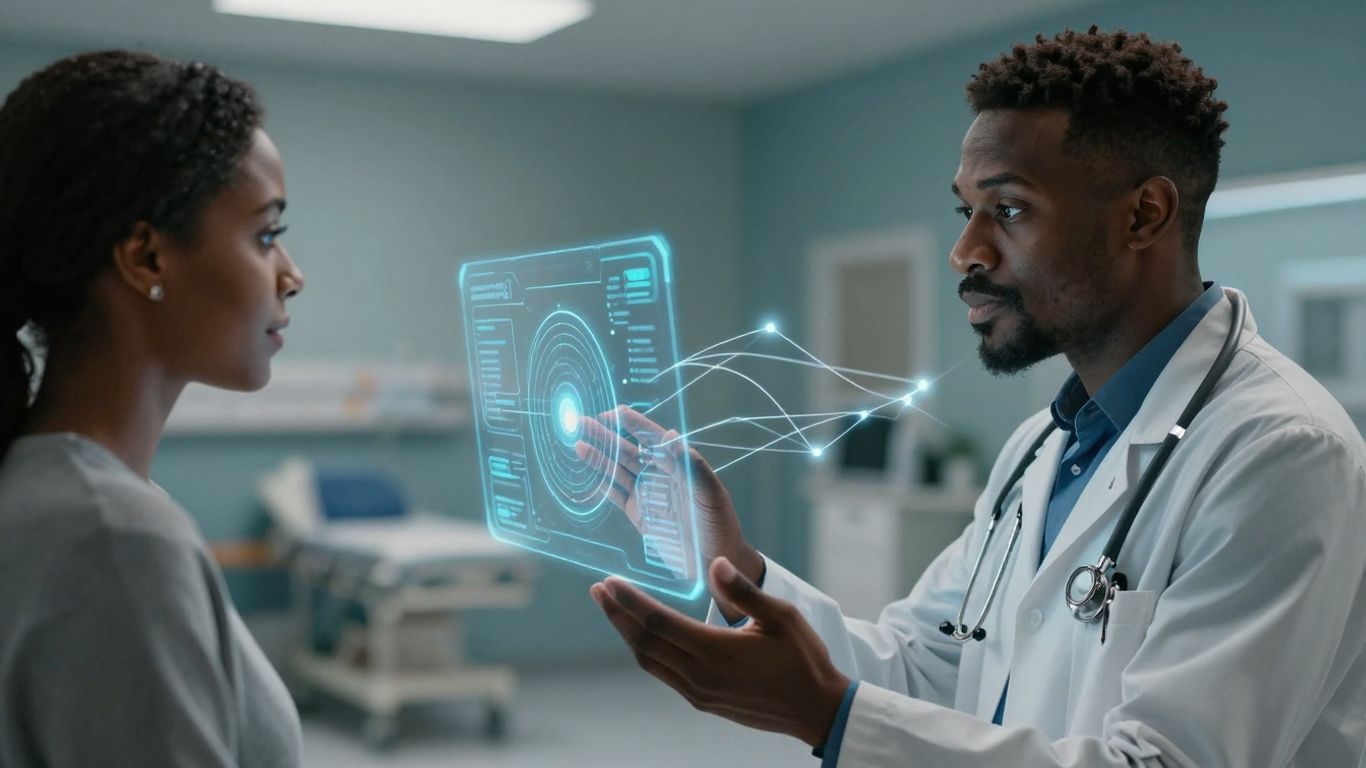 Doctor and patient with futuristic healthcare technology.