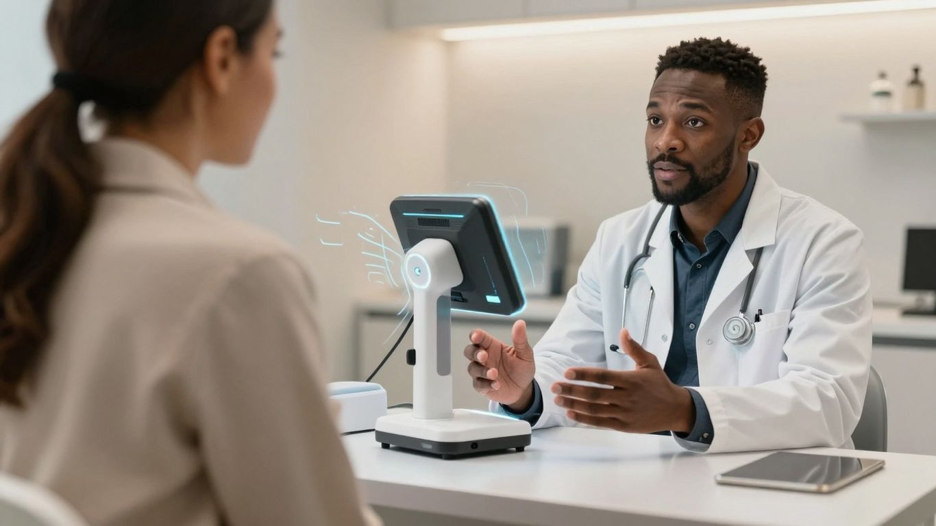 Doctor and patient in a modern room with subtle tech glow.