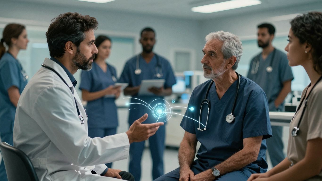 Doctor and patient with futuristic healthcare technology.