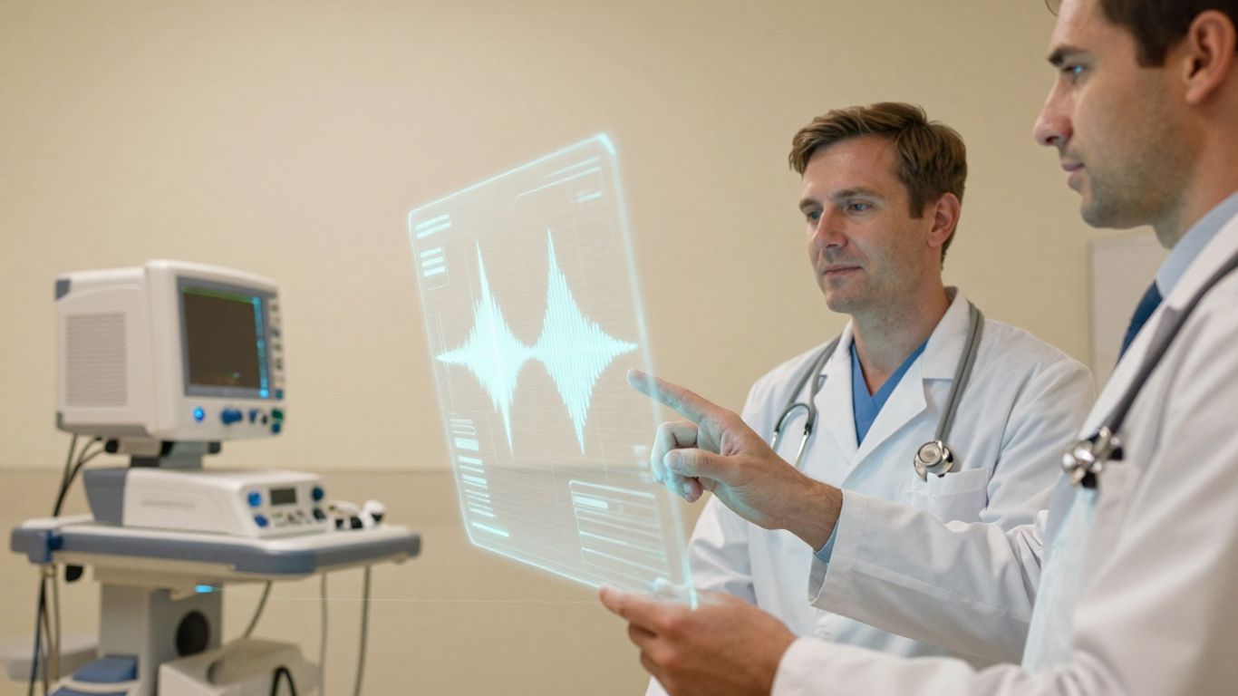 Doctor using AI interface in a modern clinic.