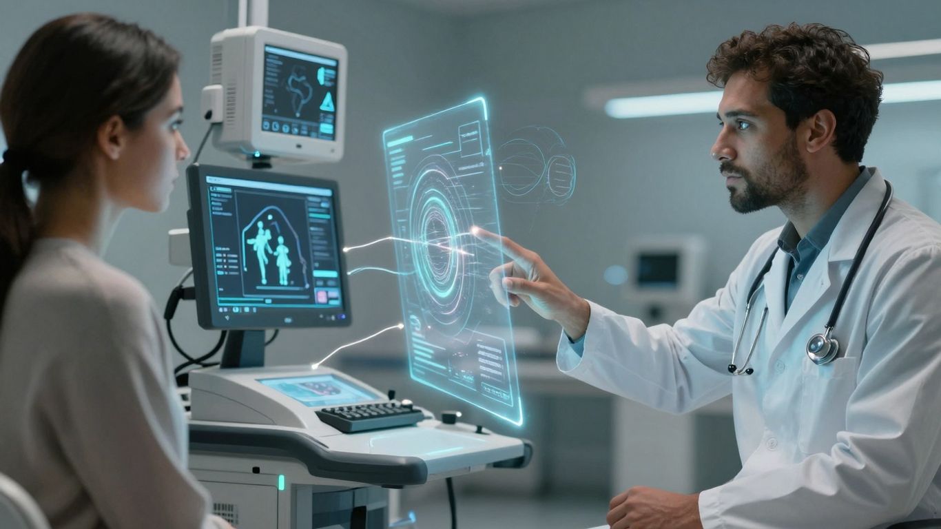 Doctor and patient using futuristic voice AI in healthcare.