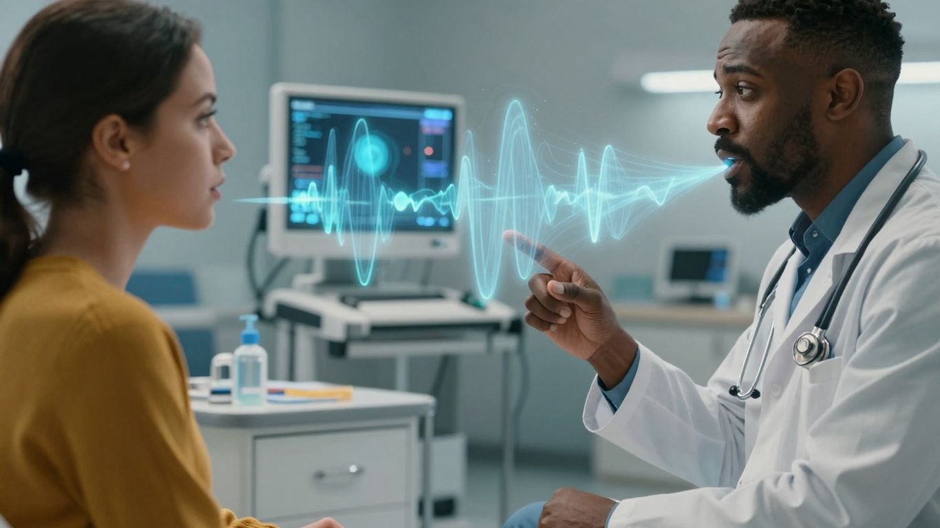Doctor and patient with voice AI sound waves.
