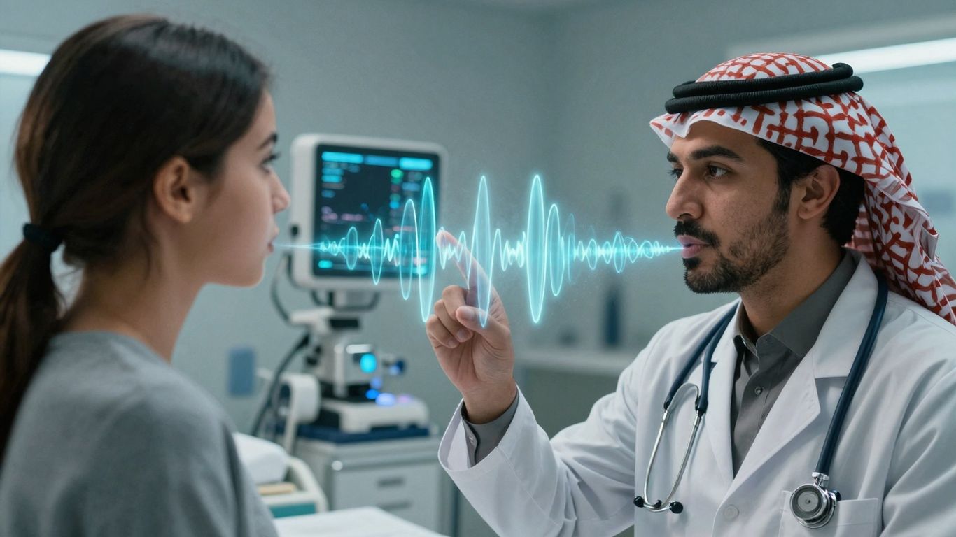 Doctor and patient with voice AI sound waves.