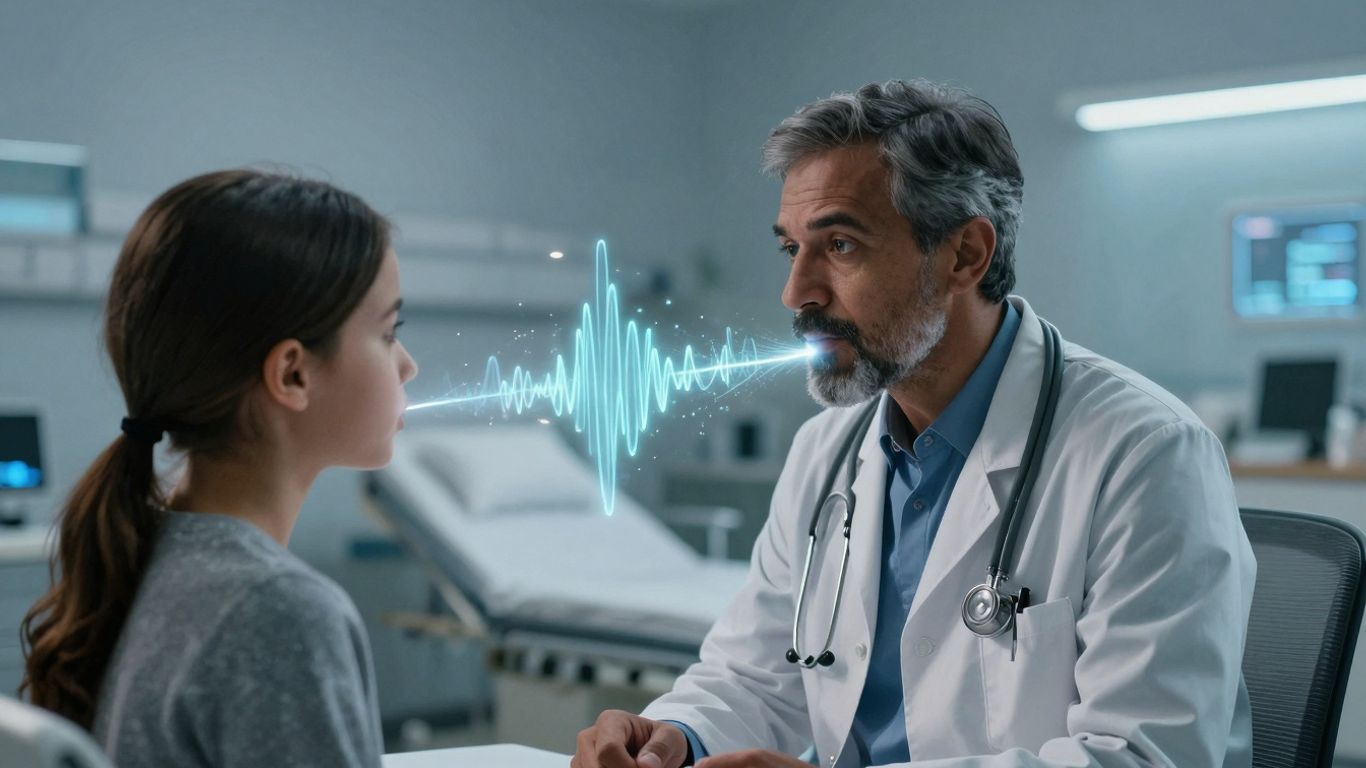 Doctor and patient with voice AI soundwaves.