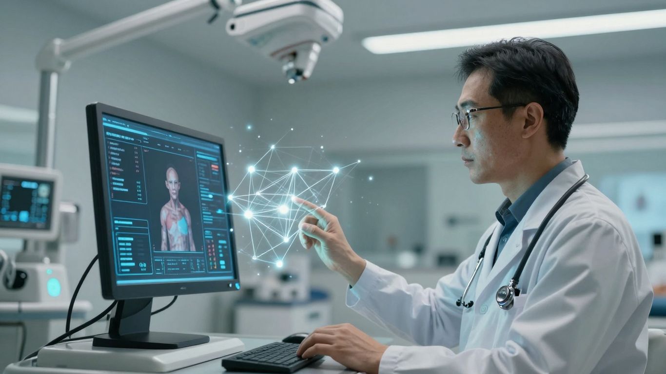 Doctor using advanced AI interface for patient care.