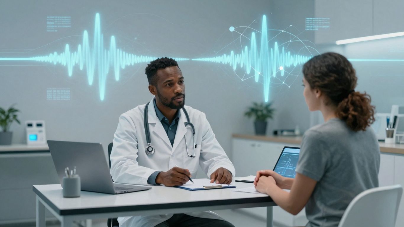 Doctor and patient in a modern healthcare setting with voice AI elements.