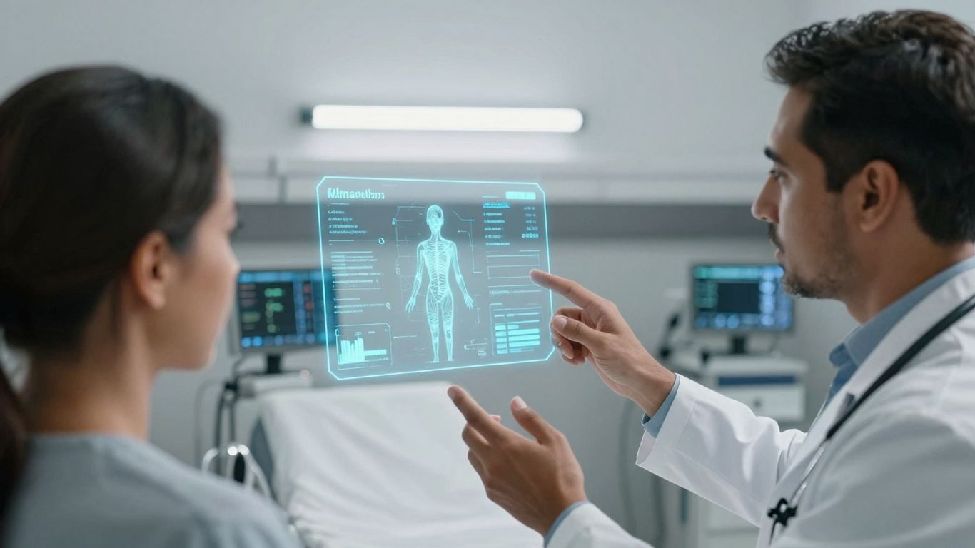 Doctor and patient with futuristic healthcare technology.