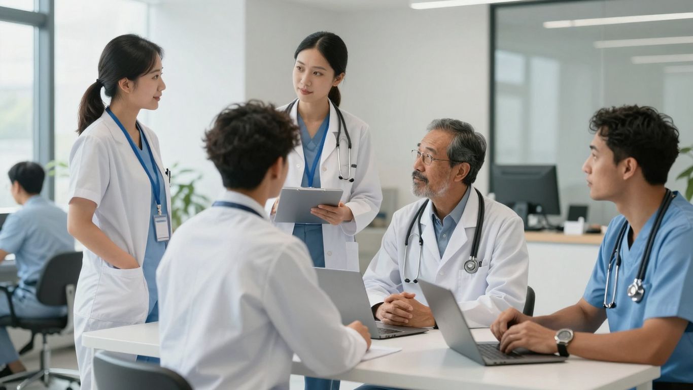 Healthcare professionals collaborating in a modern medical office.