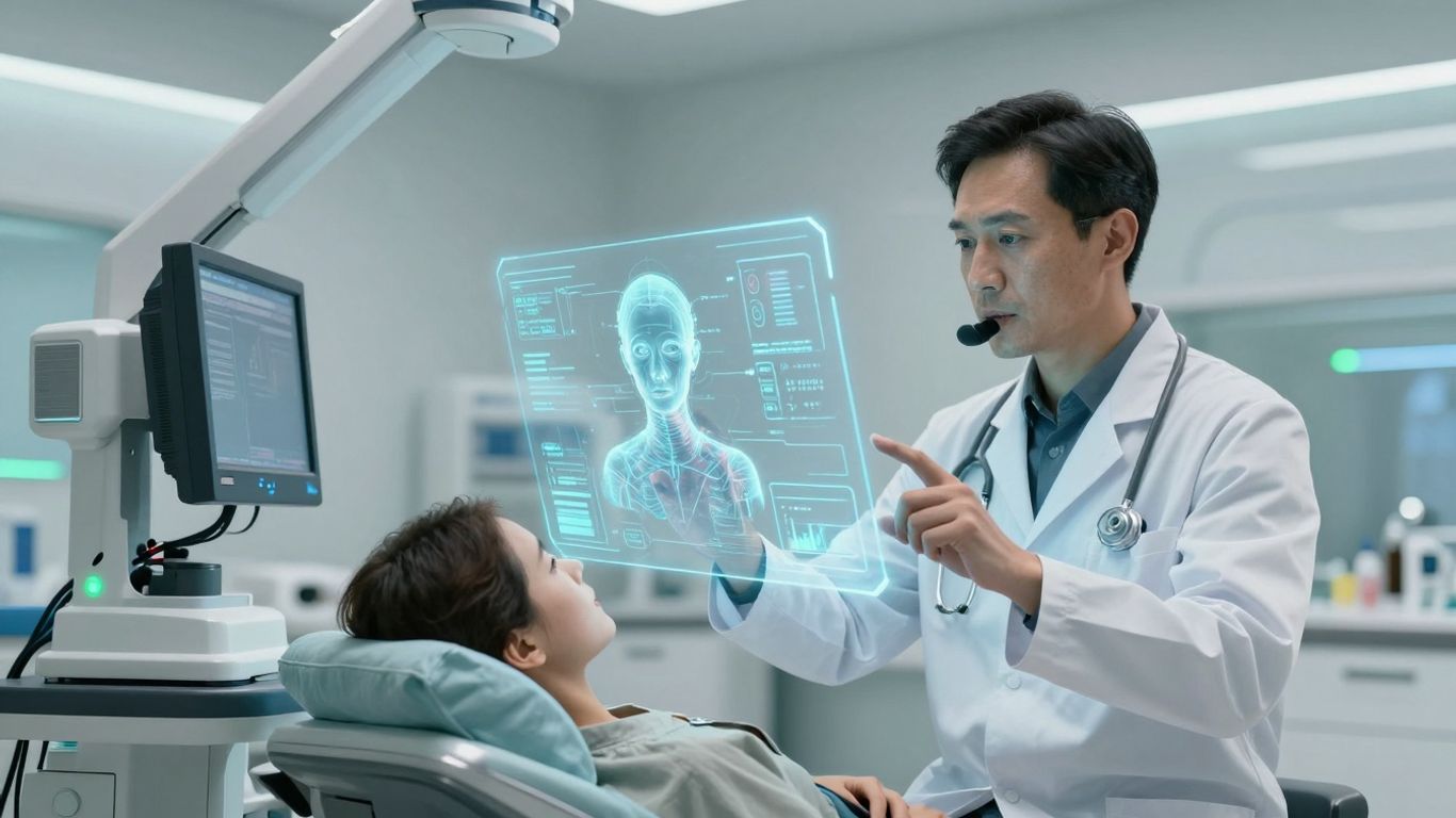 Doctor using AI voice technology in a modern healthcare setting.