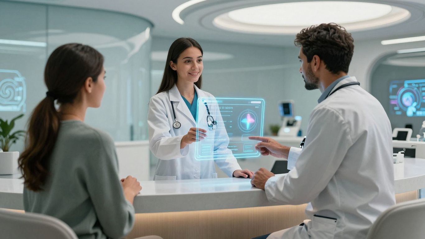 AI receptionist assisting a patient in a modern clinic.