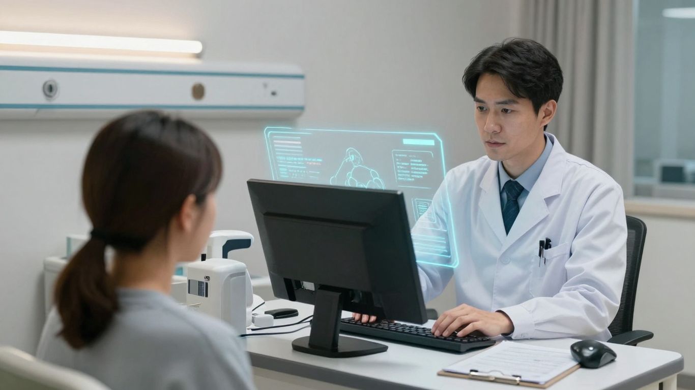 Doctor and patient in a modern hospital room with AI interface.