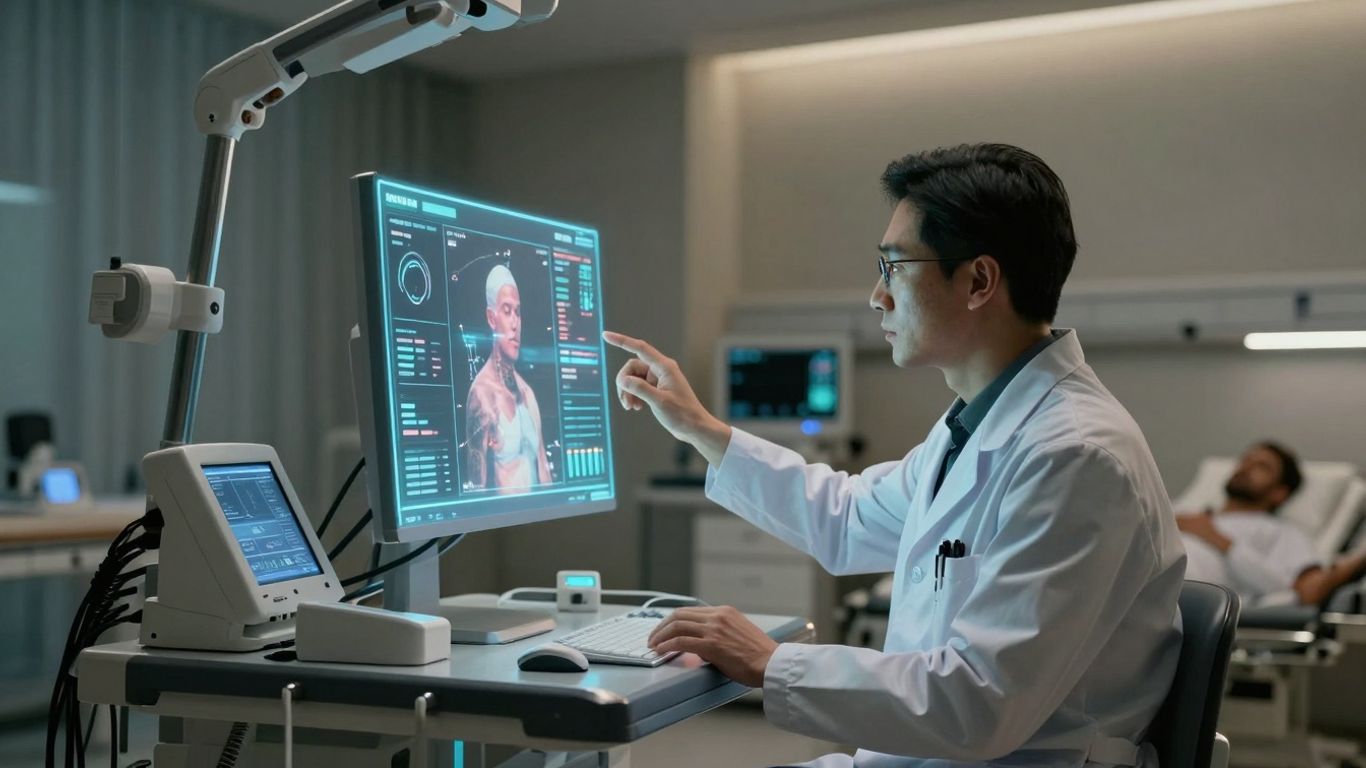 Doctor using advanced technology in a hospital room.