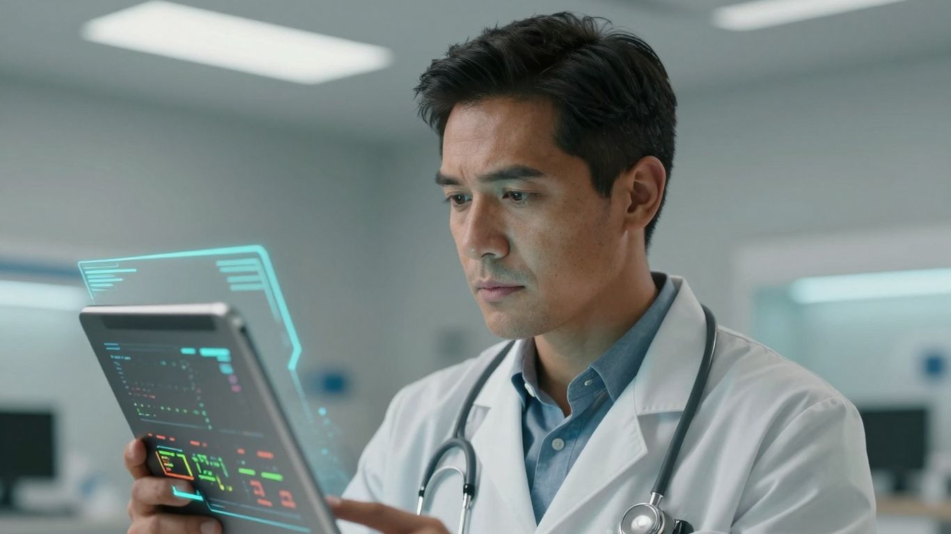 Doctor using tablet with AI interface for patient care.