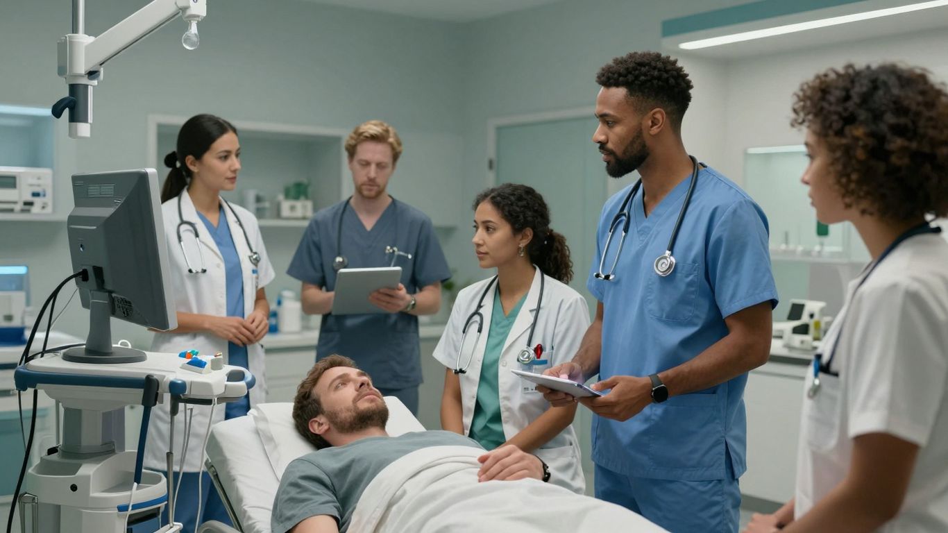 Healthcare professionals using advanced communication technology.