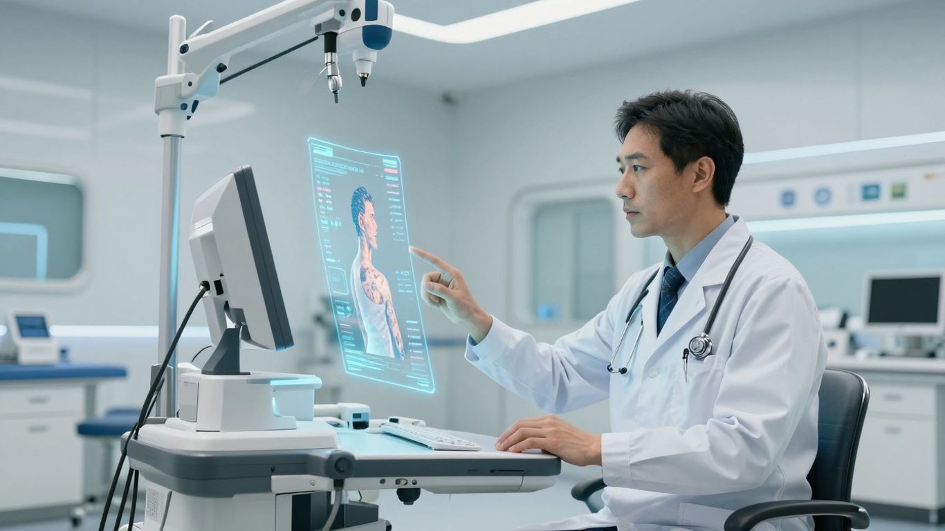 Doctor using holographic interface for patient care.