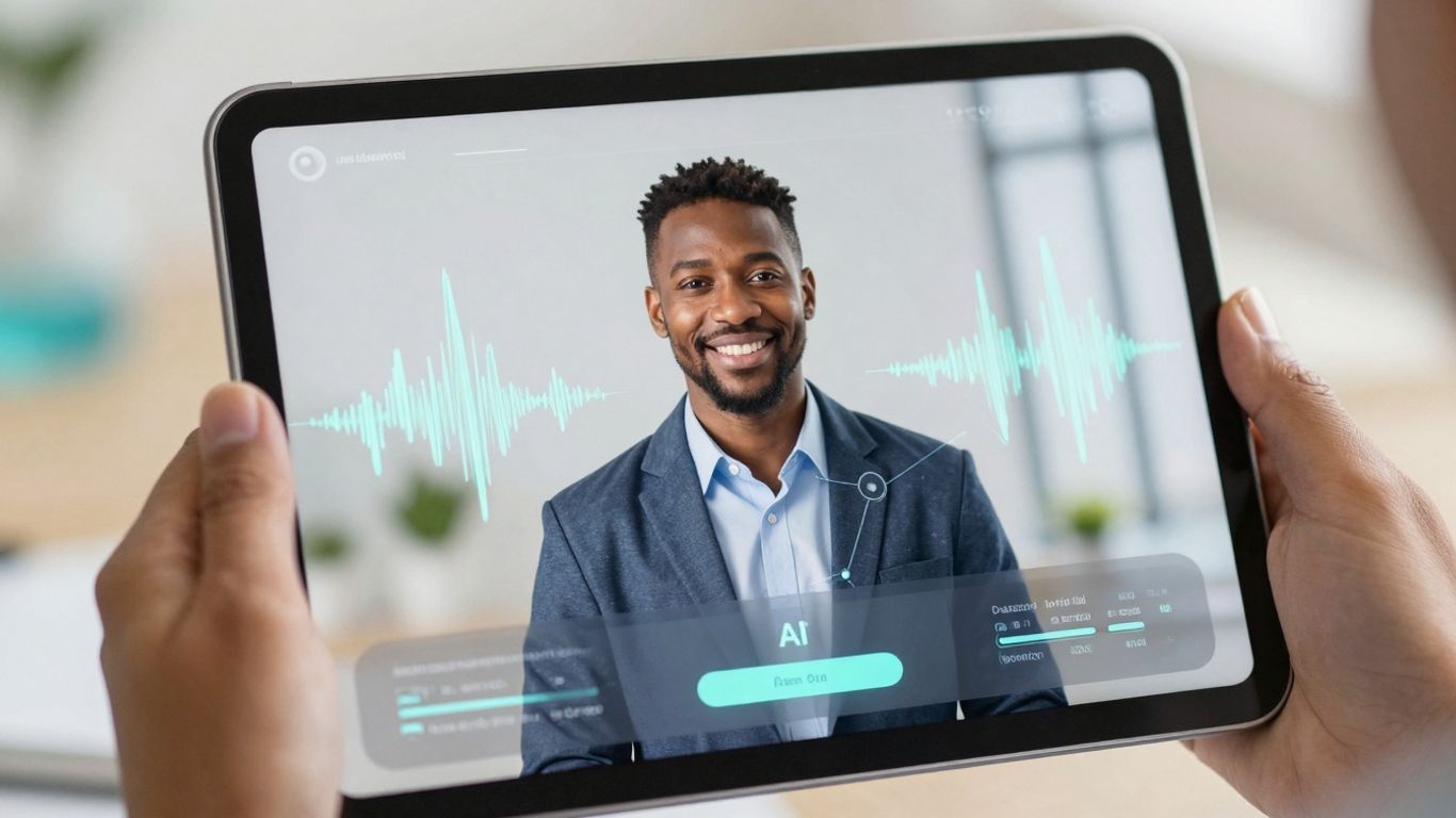 AI voice agent interface on a tablet in a healthcare setting.