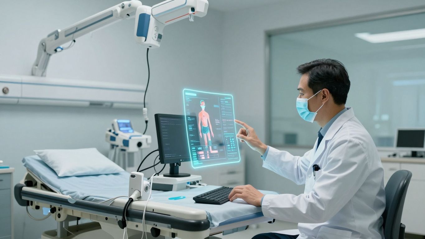 Doctor using advanced AI interface in a hospital room.