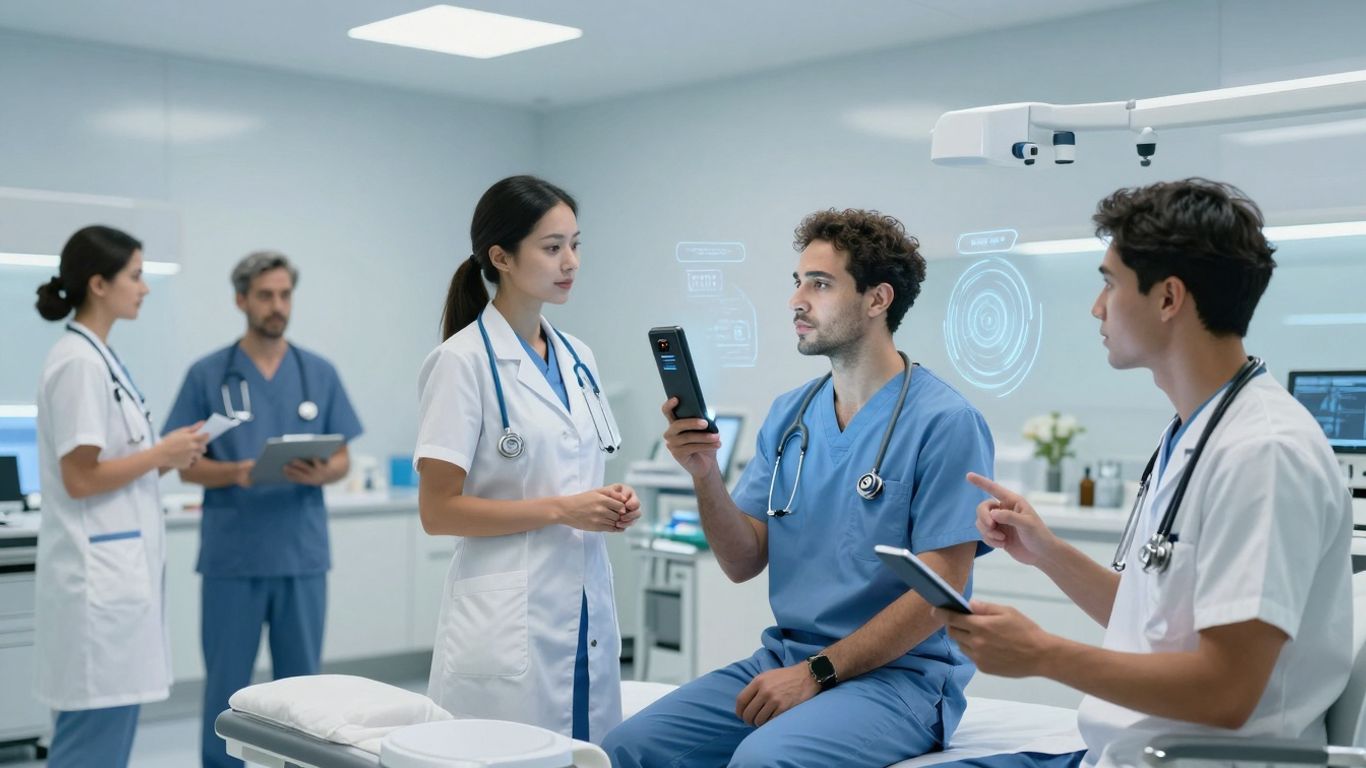 Healthcare professionals using advanced voice AI for patient care.