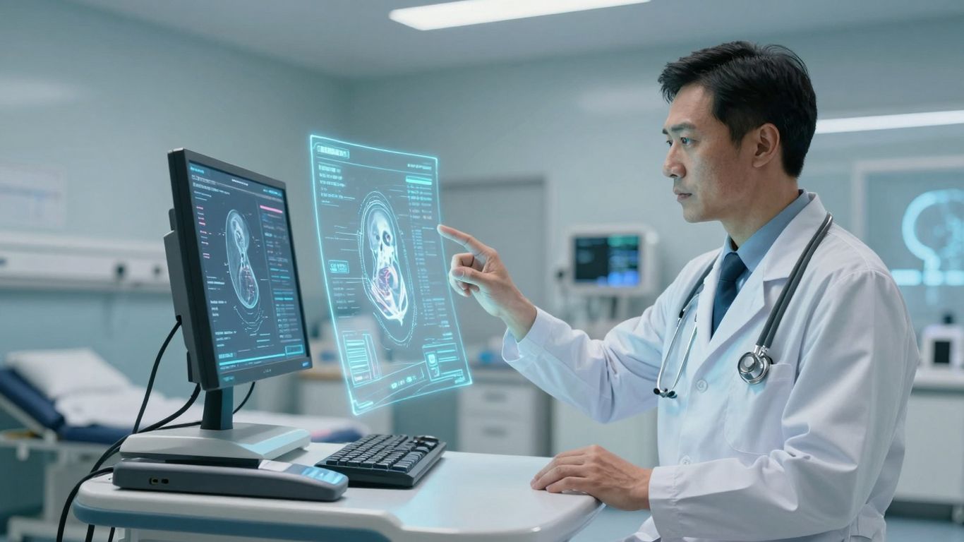 Doctor using voice AI in a futuristic healthcare setting.