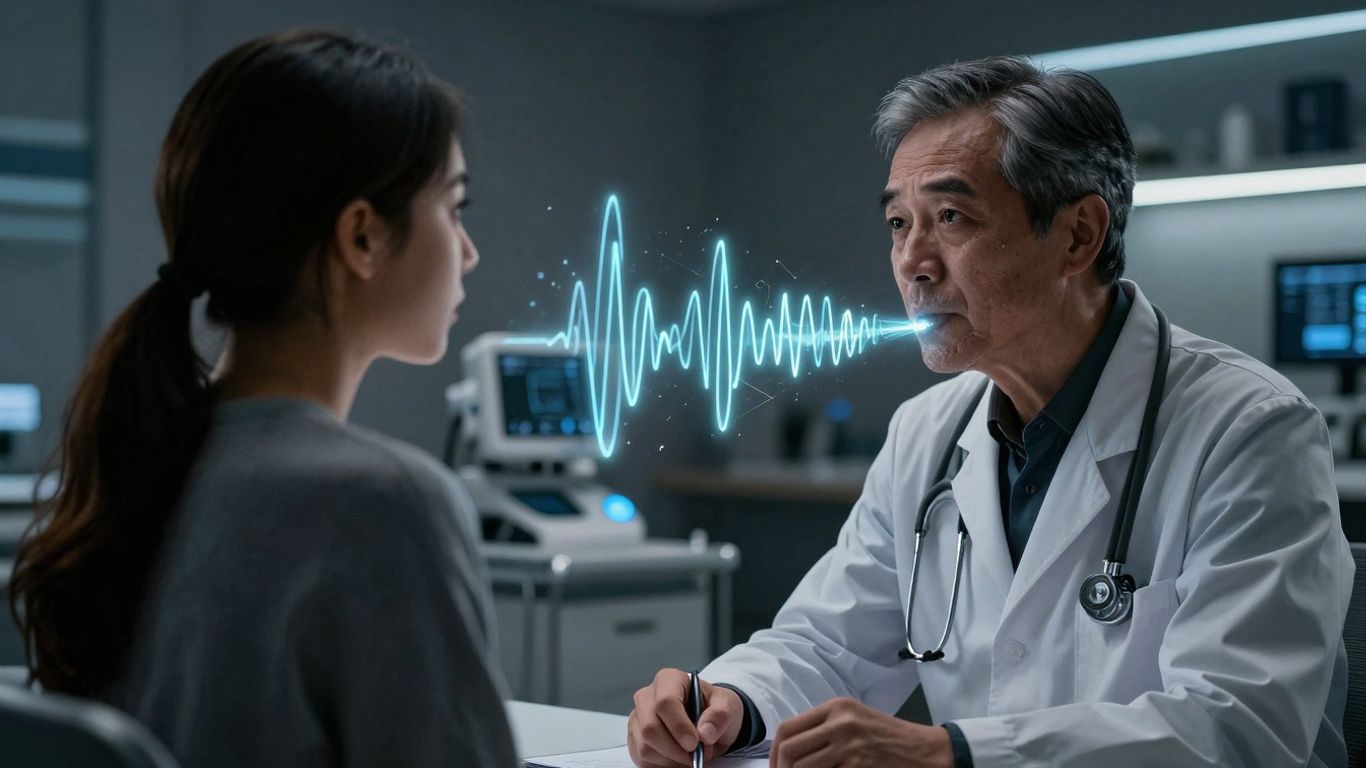 Doctor and patient with voice AI sound waves.