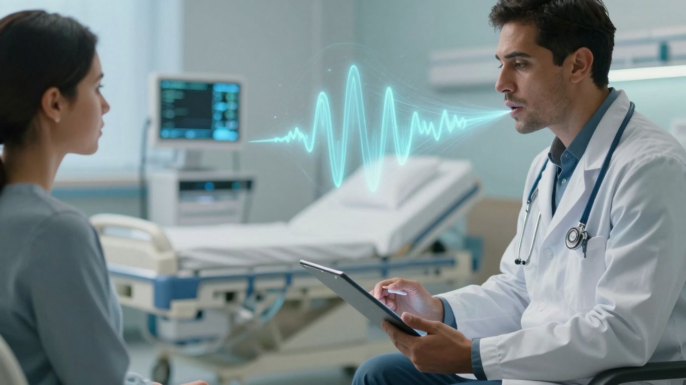 Doctor and patient with voice AI soundwaves