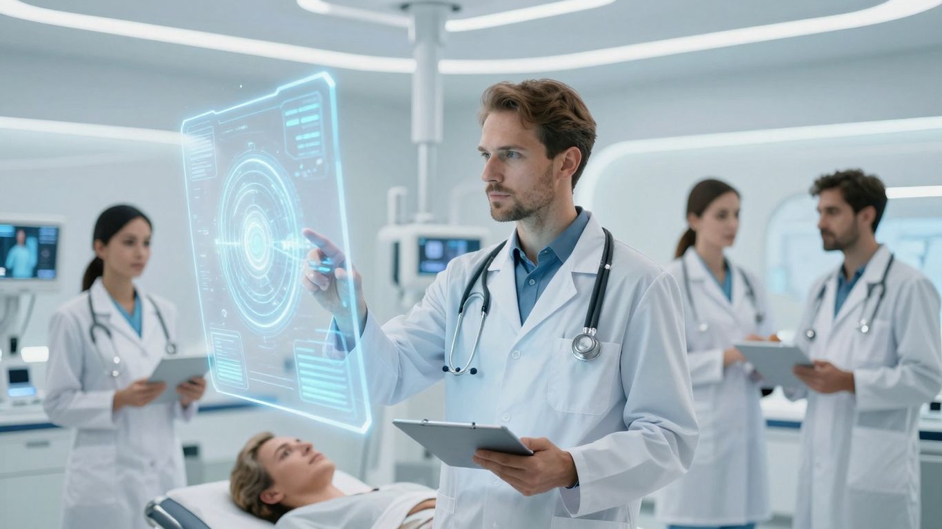 Healthcare professionals using advanced AI technology in a modern setting.