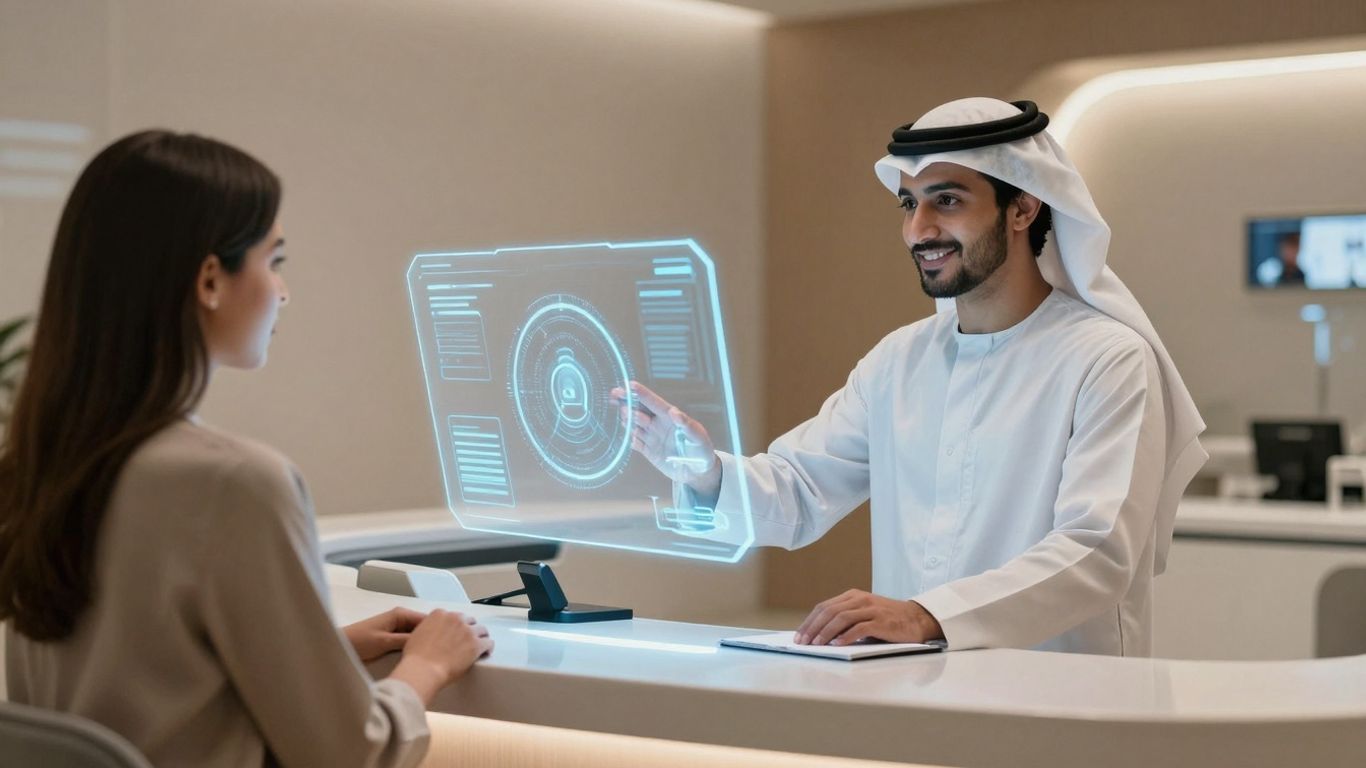 AI receptionist assisting a patient in a modern healthcare setting.