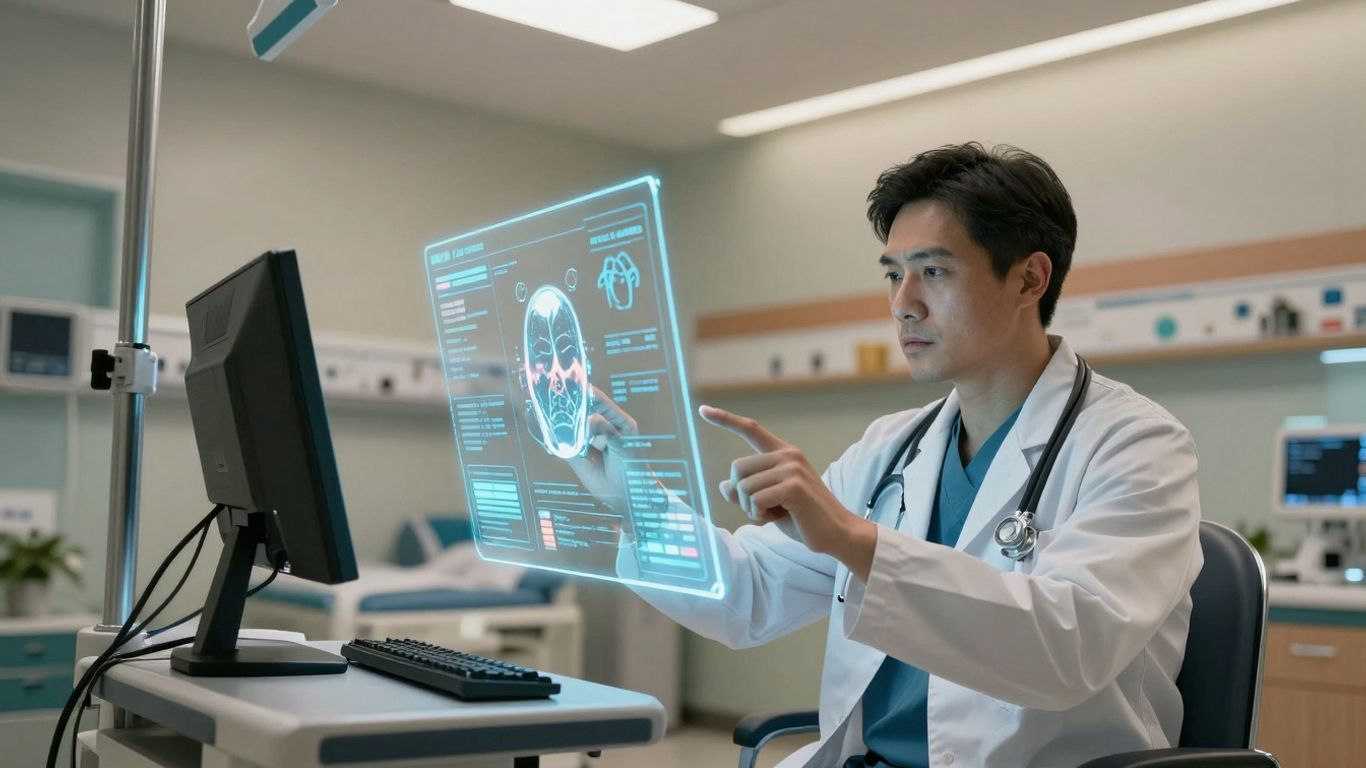 Doctor using AI voice agent for patient care