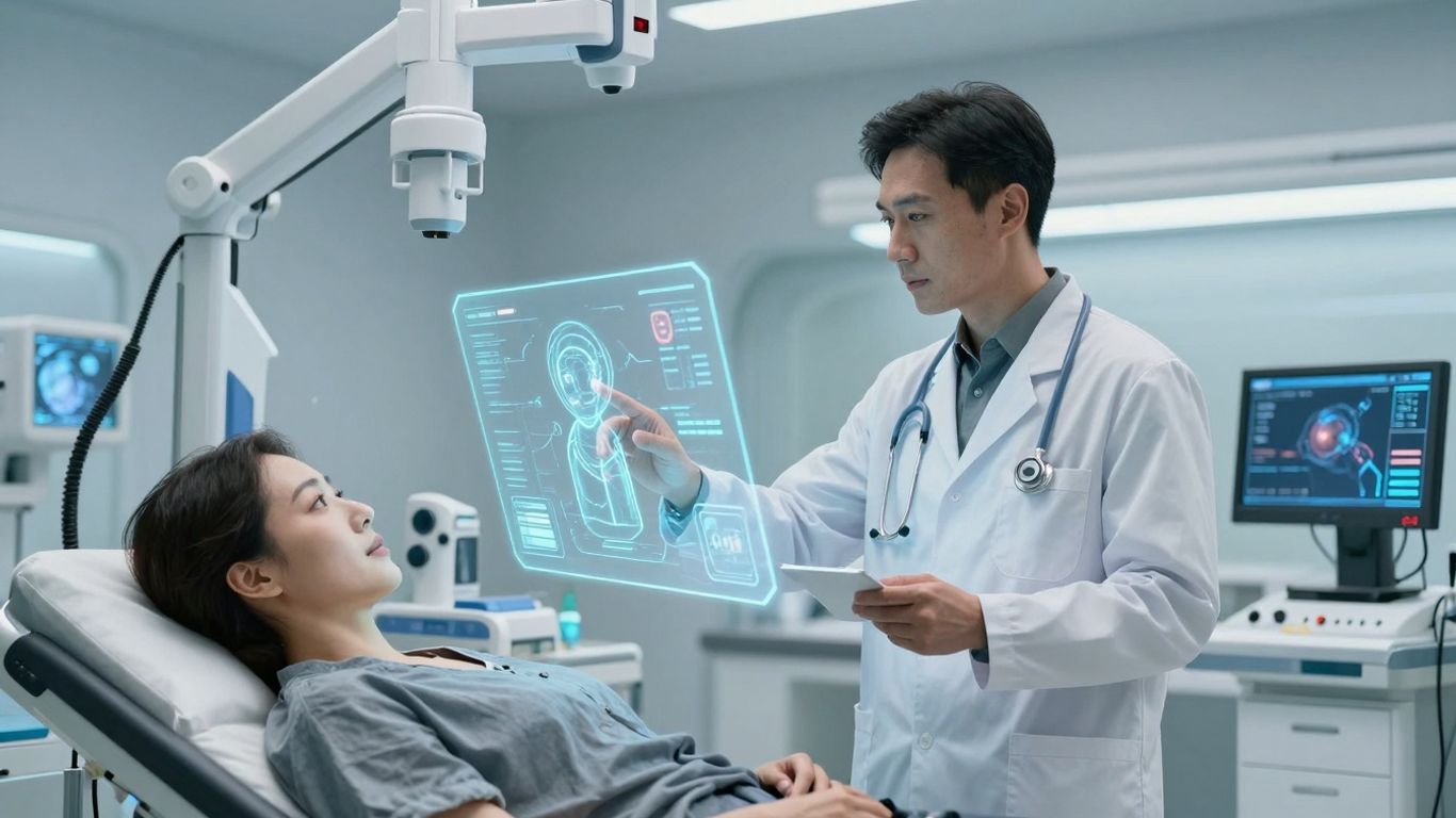 Doctor using AI interface for patient care.
