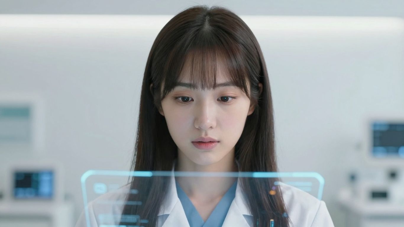 Doctor using AI voice agent in a futuristic healthcare setting.