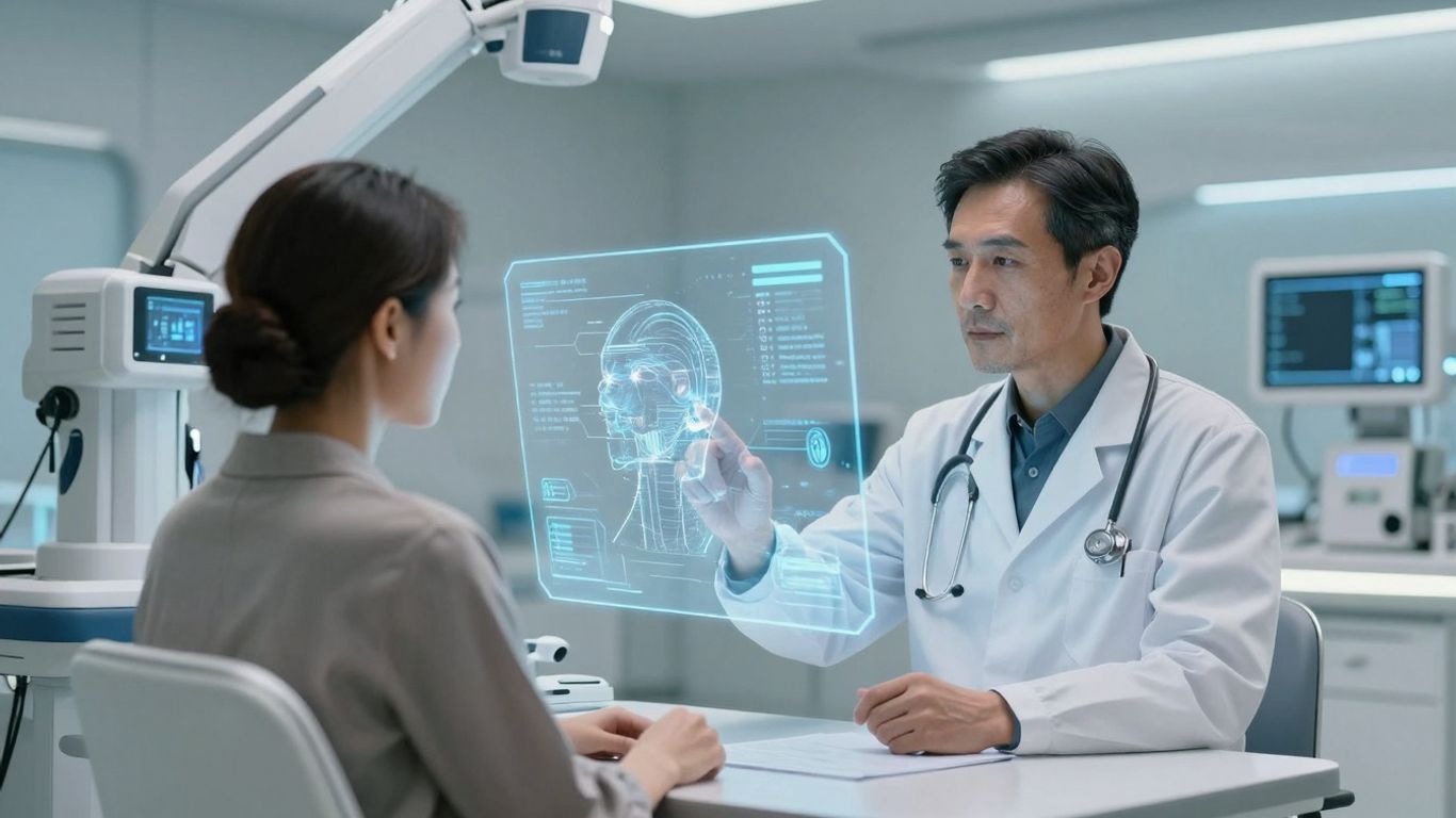 Doctor using AI interface for patient care.