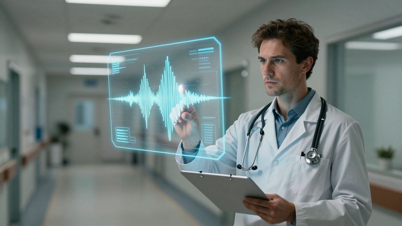 Doctor using voice AI in a futuristic healthcare setting.