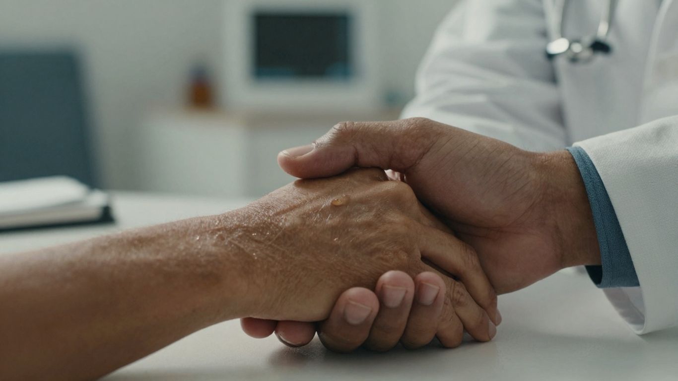 Doctor and patient hands, healthcare technology