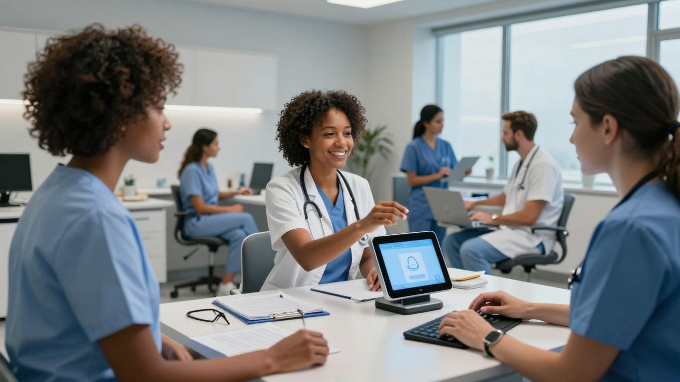 Healthcare professionals using advanced voice AI technology.
