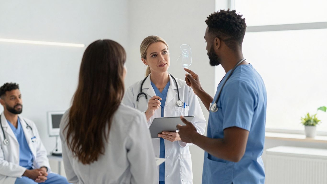 Healthcare professionals using advanced voice AI technology.