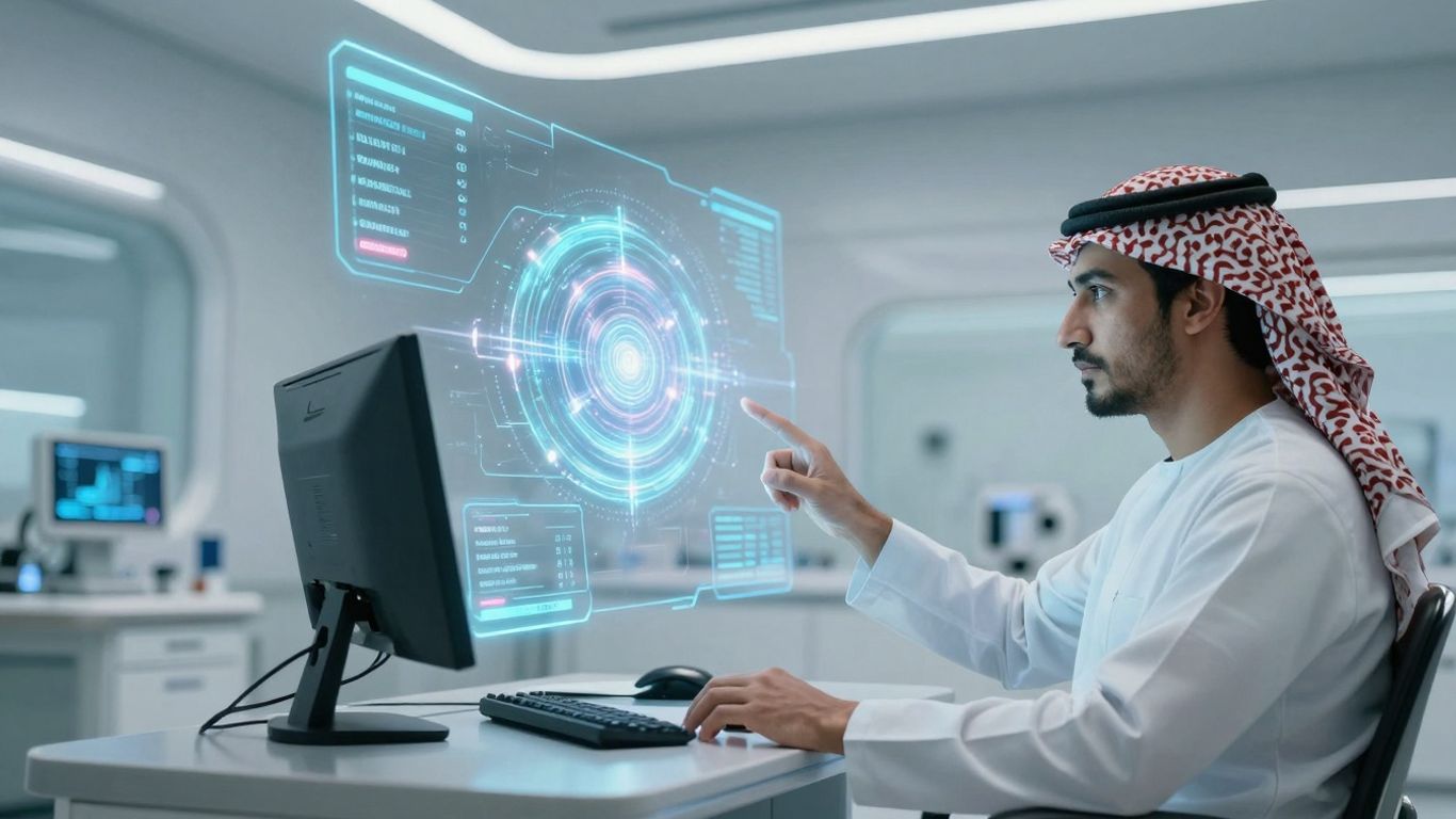 AI voice agent interacting with futuristic patient data interface.