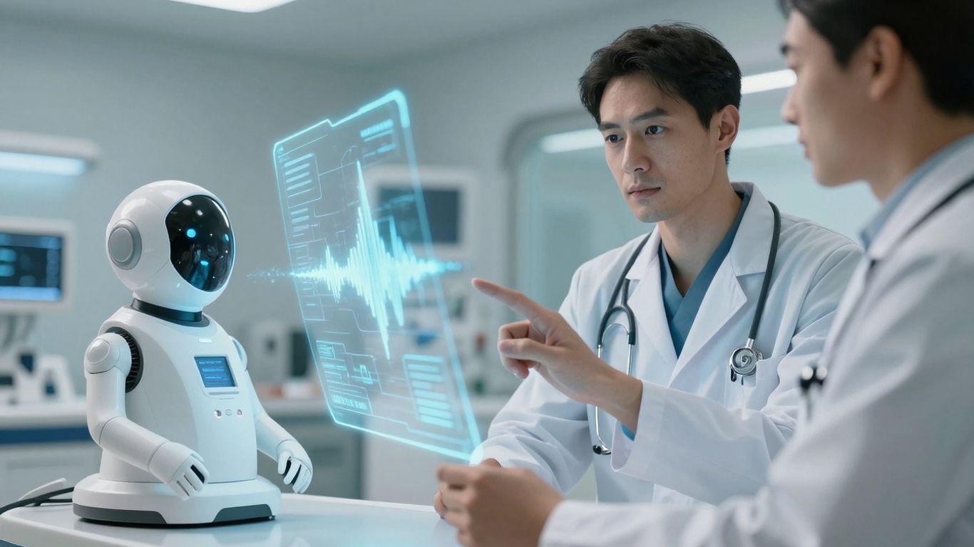 Doctor using AI voice agent in futuristic healthcare setting.