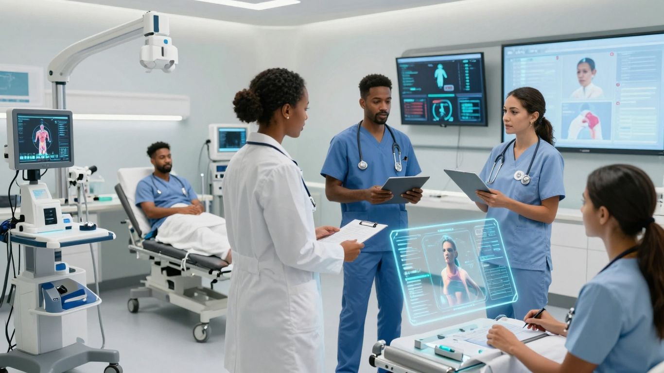 Healthcare professionals using advanced AI for patient communication.