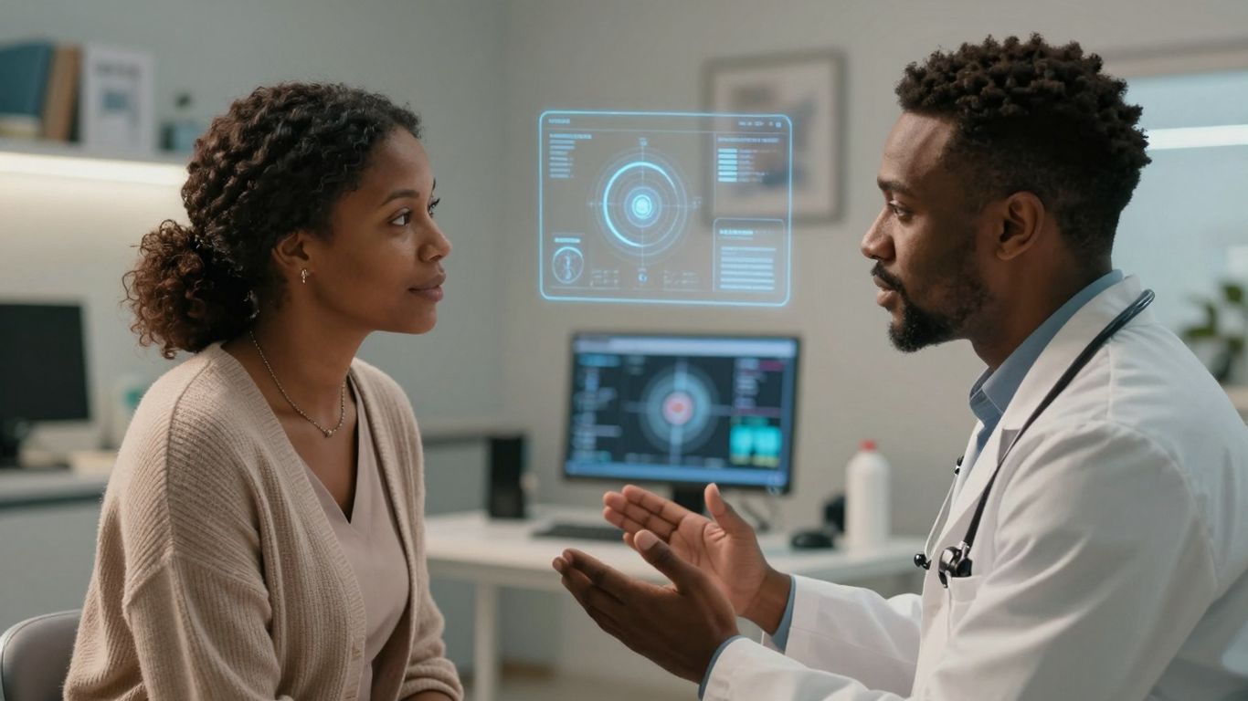 Doctor and patient communicating with advanced healthcare technology.